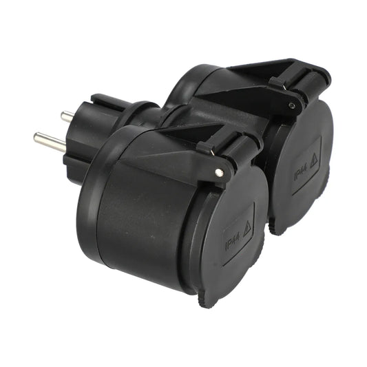 Mirka 2er elektrischer Adapter 230V EU IP44 Doppelsteckdose schwarz mit Anschluss und Schutzkappe Hauptansicht