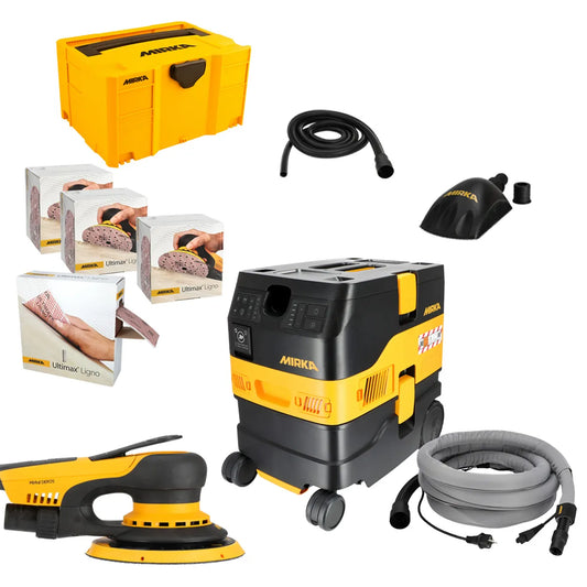 Mirka DEROS II 5650 Schleifmaschine Set mit DEXOS 1217 Absaugung, Zubehör, Schleifmitteln und Transportbox – Komplettlösung für staubfreies Schleifen.