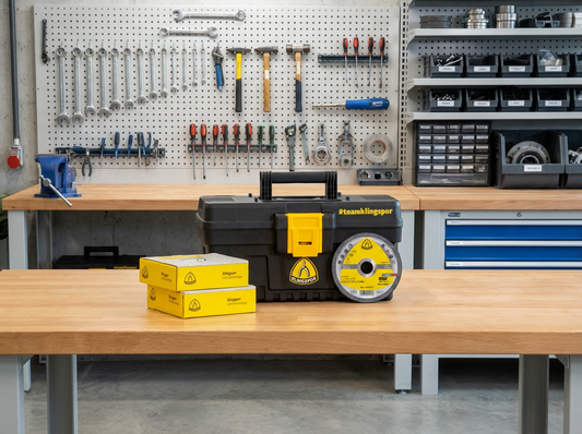 Klingspor Kronenflex A 60 Extra Trennscheiben mit Werkzeugbox, Schleifscheibe und Verpackungen auf Werkbank