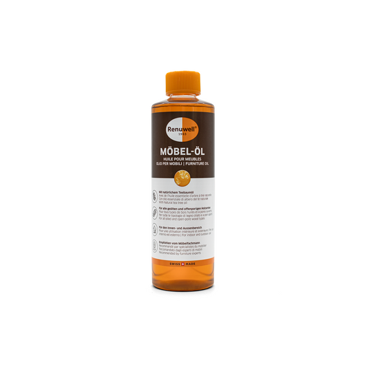 Renuwell Möbel-Öl 500ml Flasche mit natürlichem Teebaumöl zur Holzpflege, Vorderansicht