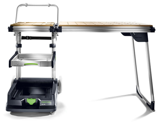Festool Mobile Werkstatt MW 1000 Basic mit Lochplattentisch, Arbeitsfläche und ausziehbarem Systainer, Seitenansicht.