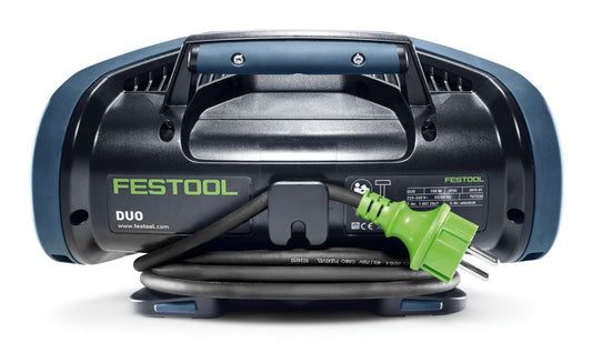 Festool SYSLITE DUO Baustrahler Rückansicht mit LED-Anordnung, grünem Stromkabel und technischen Angaben