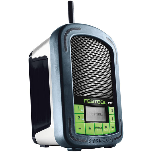 Festool SYSROCK BR 10 DAB+ Digitalradio mit Griff, grau-grüne Bedienelemente und ausklappbarem Ständer.