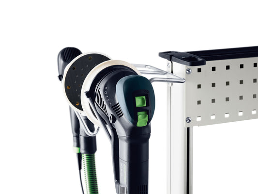 Festool Werkzeughaken WCR 1000 WH mit zwei Schleifmaschinen montiert an Werkstatt-Aufbewahrungssystem