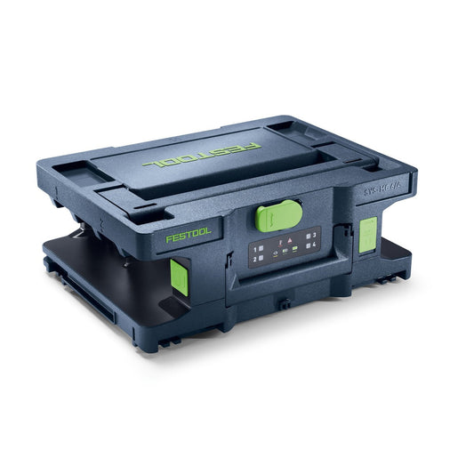 Festool Schnellladegerät SYS-MC 6/4 mit vier Ladeplätzen, grünen Griffen und LED-Anzeige in Systainer-Format.