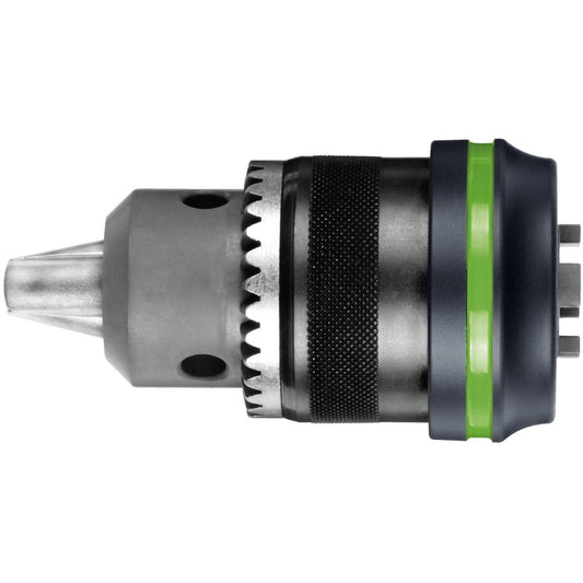 Festool Zahnkranzbohrfutter CC-16 FFP mit FastFix XL Aufnahme, Zahnkranz und grünem Spannring, Detailansicht.