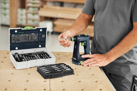 Festool SYS3 S 76-BB-Set Bit und Bohrer-Set mit Akku-Bohrschrauber in Werkstatt-Anwendung