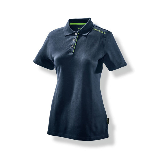Festool Poloshirt Dunkelblau mit grünen Details, Damen-Schnitt, Vorderansicht