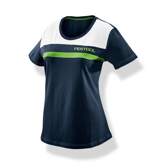 Festool Fashionshirt Damen Colour Blocking Dunkelblau mit Grün-Weiß Streifen, Rundhalsausschnitt, Frontansicht