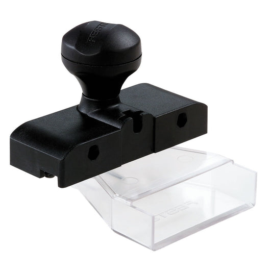 Festool Absaughaube mit schwarzem Kunststoffgehäuse, Kugelkopf und transparentem Auffangbehälter für Oberfräsen.