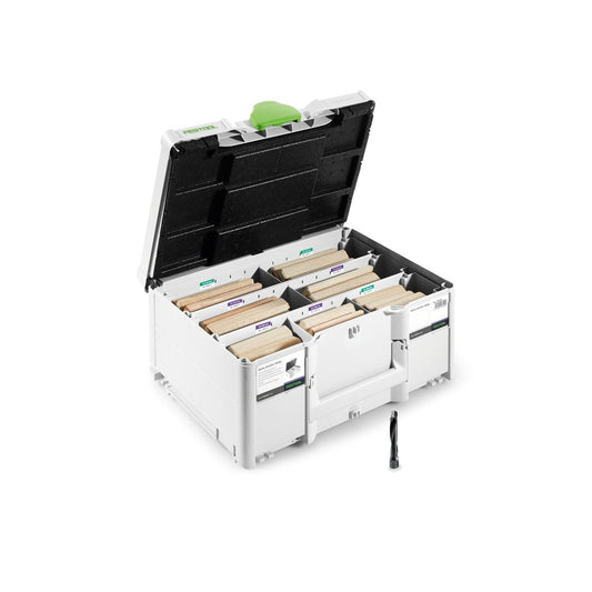 Festool DOMINO XL Dübel Buche Sortiment im Systainer mit sortierten Buchedübeln verschiedener Durchmesser