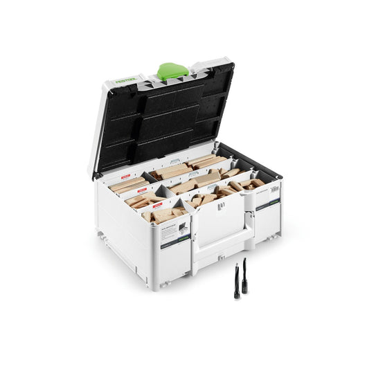 Festool DOMINO XL Dübel Buche Sortierkasten mit Buchedübeln verschiedener Größen und Zubehör im Systainer.