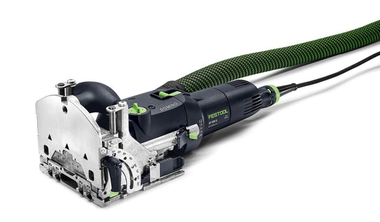 Festool Dübelfräse DOMINO DF 500 mit grünem Systainer, Pendelfräsmaschine mit Anschlagpins und Absaugschlauch.