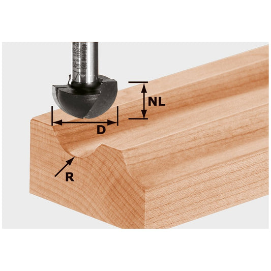 Festool Hohlkehlfräser HW mit Hartmetallfräser beim Fräsen eines Radius in Holz mit Maßangaben D, R, NL