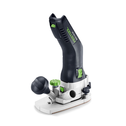 Festool Akku-Modul-Kantenfräse MFKC 700 EB-Basic mit schwarzem Griff, weißem Frästisch und grünen Bedienelementen.