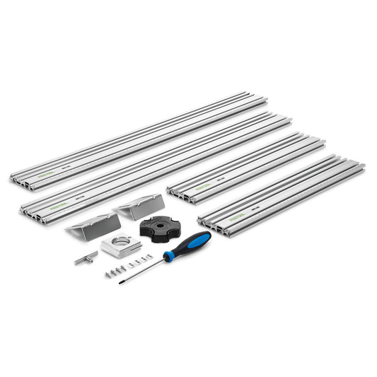 Festool Frässchablone MFS Lieferumfang mit Aluminiumprofilen, Winkelanschlägen und Zubehör