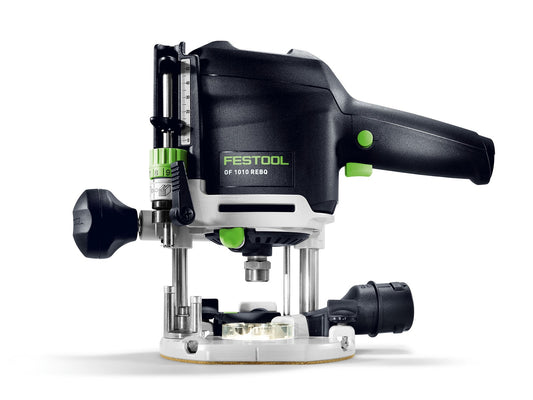 Festool Oberfräse OF 1010 REBQ-Plus mit LED-Arbeitslicht, Führungssäulen und Feineinstellung in Seitenansicht