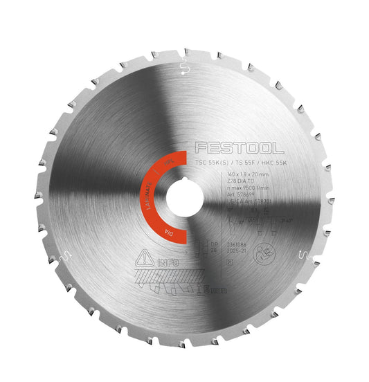 Festool Diamant-Kreissägeblatt LAMINATE 160 mm mit 28 PKD-Zähnen, Trapez-Dachzahn-Geometrie, rote Bohrmarke.