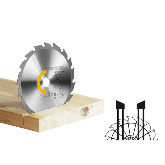 Festool Kreissägeblatt WOOD STANDARD HW mit Hartmetallzähnen beim Sägen von Holz, Zahnform sichtbar.