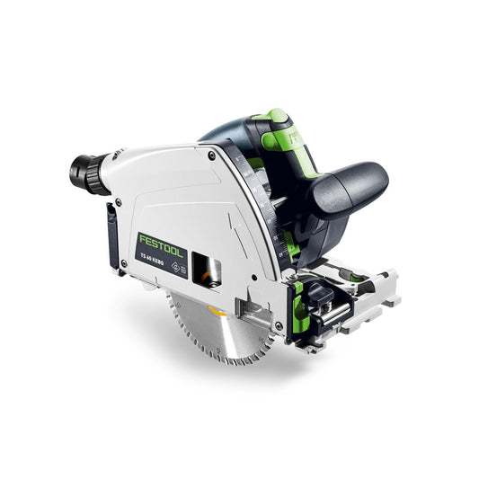 Festool Tauchsäge TS 60 KEBQ-Plus mit KickbackStop, Sägeblatt und Griffen in Schrägansicht.