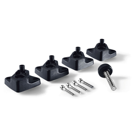 Festool Erhöhung A-SYS-KS 60 Lieferumfang mit vier schwarzen Füßen, Stellschrauben und Federelement.