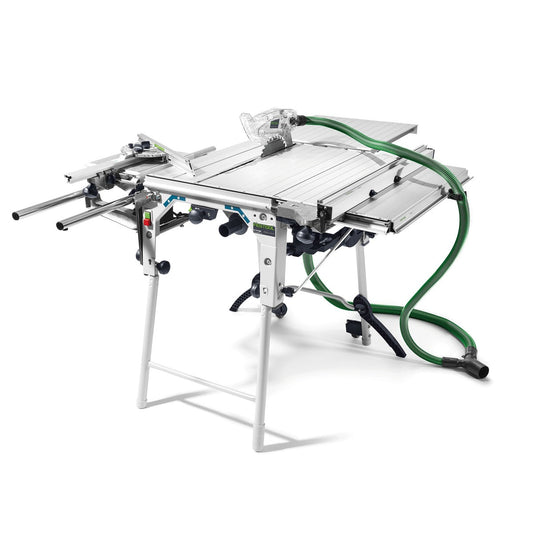 Festool Tischzugsäge PRECISIO CS 70 EBG mit Sägeblatt, Absaugschlauch und Zubehör auf Arbeitstisch