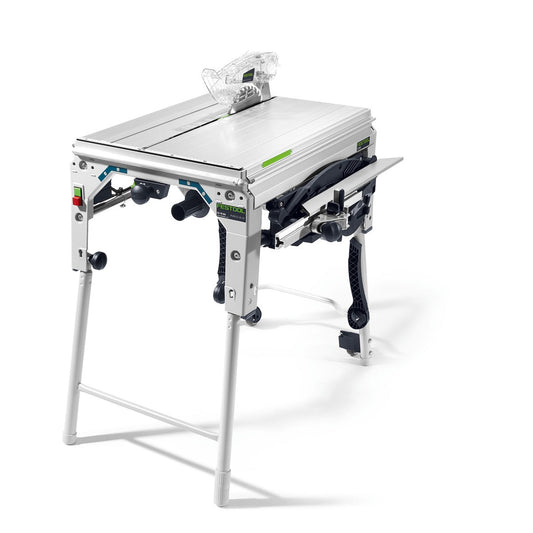 Festool Tischzugsäge PRECISIO CS 70 EG mit Zugfunktion, Sägeblatt und mitfahrendem Splitterschutz in Frontansicht.