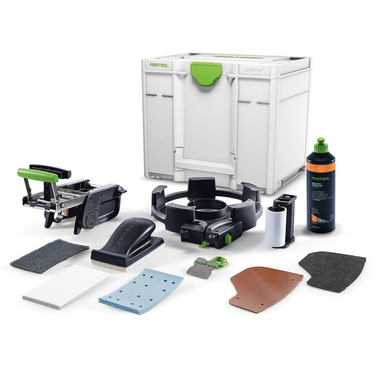 Festool Kantenbearbeitungs-Set KB-KA 65 SYS3 mit Systainer, Kantenanleimer, Schleiftellern und Zubehör im Lieferumfang.
