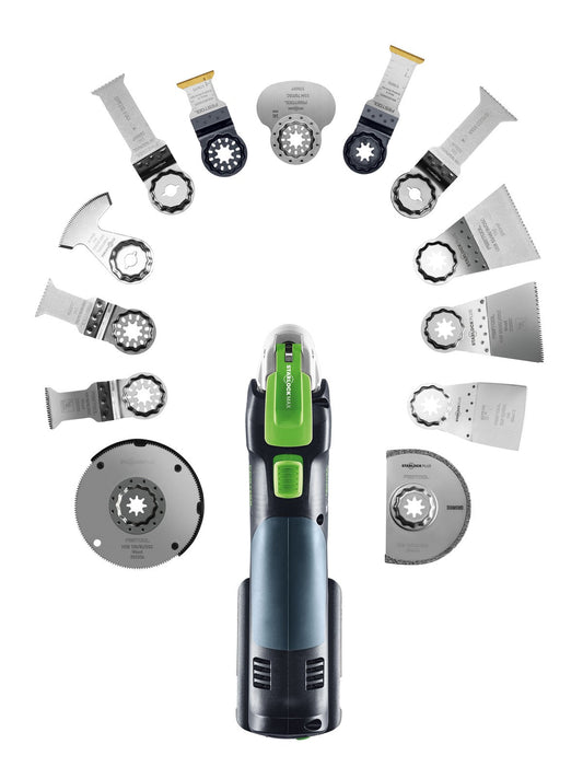 Festool Oberfräser mit grünem Handling und umfangreichem Zubehör-Set bestehend aus verschiedenen Schleifblättern und