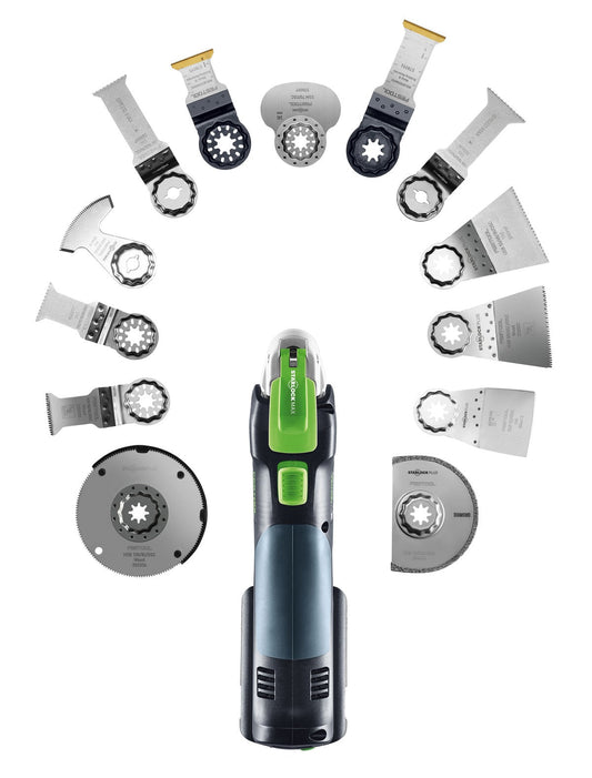 Festool Multifunktionswerkzeug mit Carbide-Sägeblättern und Schleifmitteln im Lieferumfang-Überblick