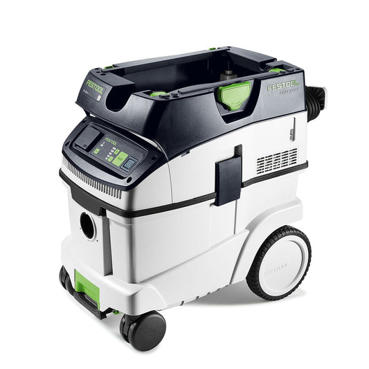 Festool Absaugmobil CLEANTEC CTL 36 EI mit Touch-Bedienung, weißem Behälter und grünen Akzenten, Frontansicht.