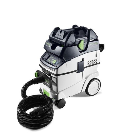Festool Absaugmobil CLEANTEC CTL 36 EI AC-PLANEX mit Saugschlauch, weiß-schwarz, Frontansicht.
