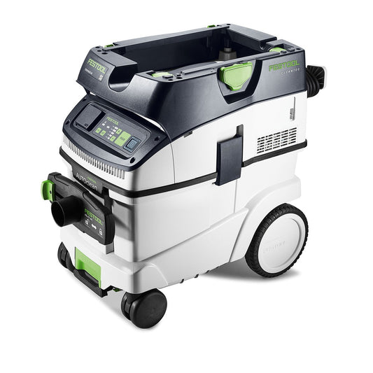 Festool CLEANTEC CTM 36 EI AC-RENOFIX Absaugmobil mit weißem Behälter, schwarzem Deckel und grünen Akzenten, Frontansicht