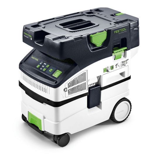 Festool CLEANTEC CTMC MIDI I-Basic Akku-Absaugmobil mit Turbine, Bedienfeld und grünem Griff, Ansicht von vorne rechts.