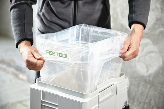 Festool Entsorgungssack mit Verschlussschieber, PE-Material, transparent, in weißem Behälter, Anwendungsbeispiel.