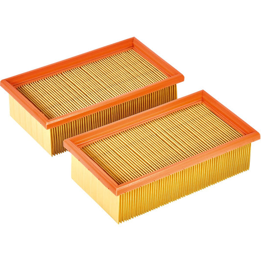 Festool Hauptfilter Flachfaltenfilter mit orangem Rahmen und gelben Filterfasern, zwei Filter nebeneinander