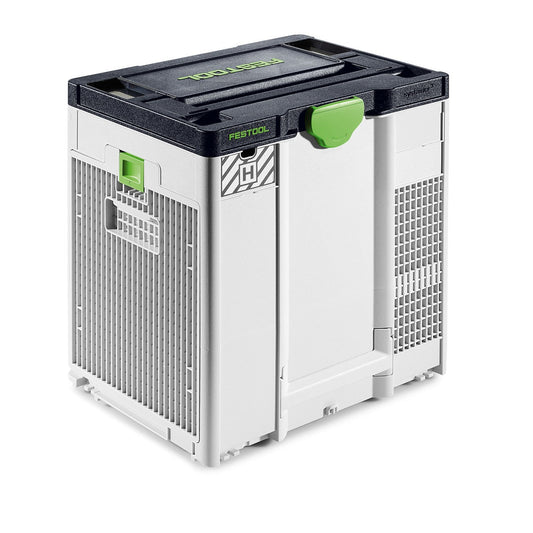 Festool Luftreiniger SYS-AIR H im Systainer³ mit grünem Griff und weißem Filtergehäuse, Frontansicht.