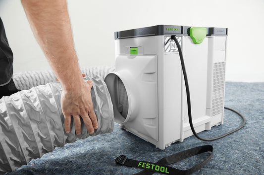 Festool SYS-AIR Luftreiniger mit Zuluftschlauch D200 in Anwendung auf Baustelle, Stauberfassung.