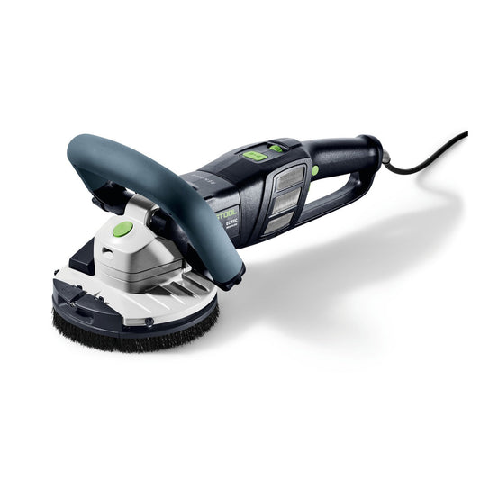 Festool Sanierungsschleifer RENOFIX RG 130 mit Diamantscheibe und grauem Bürstenköpfchen, Seitenansicht.