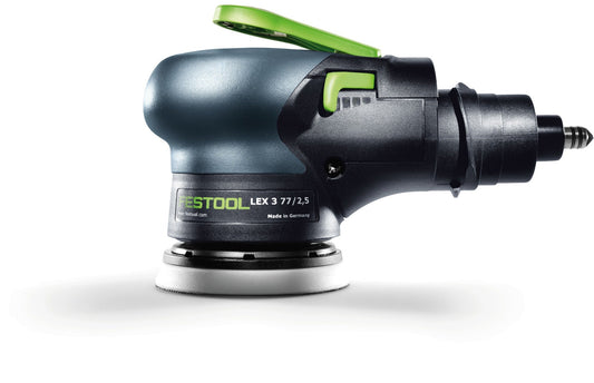 Festool LEX 3 77/2,5 Druckluft-Exzenterschleifer mit grünem Druckluftanschluss und Tellerbremse