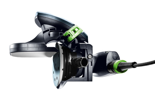 Festool Kantenschleifer ES-ETS 125 REQ-Plus mit grünem Anschlag und Winkeleinstellung, Detailansicht Schleifteller und