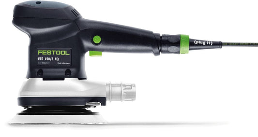 Festool ETS 150/3 EQ Exzenterschleifer mit grünem Plug-it-Netzkabel und rundem Schleifteller von oben.