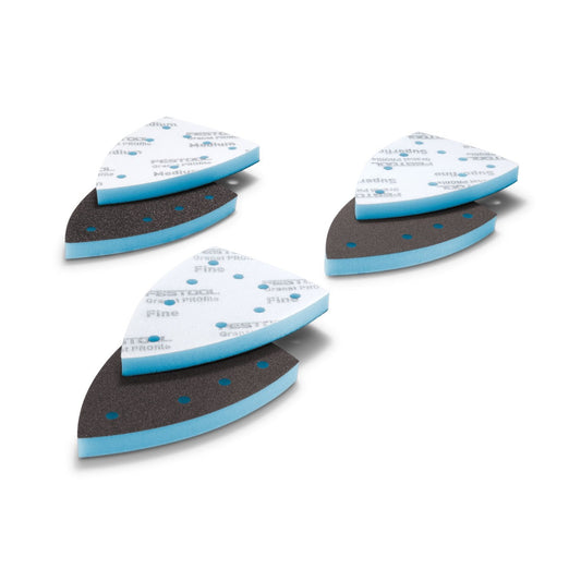 Festool Granat PROfile Delta Schleifblätter in drei Körnungen mit blauem Schaumkern, gestapelt.