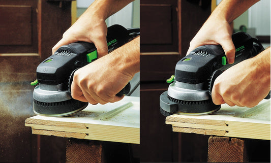 Festool Exzenterschleifer mit Schleifteller bei der Anwendung auf Holzwerkstück, Anleitung zum Schleifen