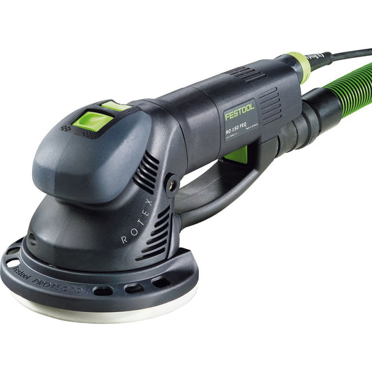 Festool ROTEX RO 150 FEQ Getriebe-Exzenterschleifer mit grünem Absaugschlauch und Schleifteller, Seitenansicht