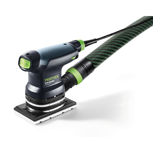 Festool RTS 400 REQ Einhand-Rutscher mit Absaugschlauch und grünem Absaugstutzen, seitliche Produktansicht