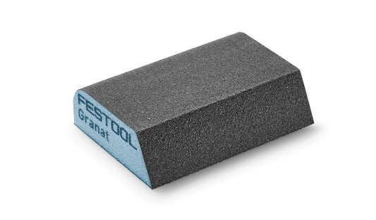 Festool Handschleifblock Granat, rechteckiger Schleifblock mit grauer Körnung und blauer Rückseite, Schrägansicht.