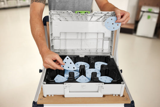 Festool Systainer³ mit sortierten Granat-Schleifscheiben D90 und V93 in vier Körnungen P60 bis P180