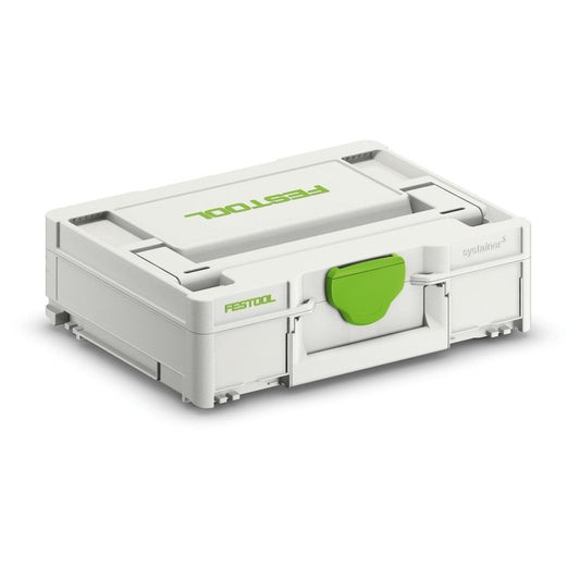 Festool Systainer³ SYS3 M 112 kompakter Kunststoff-Systainer mit grünem T-LOC Verschluss und Tragegriff.