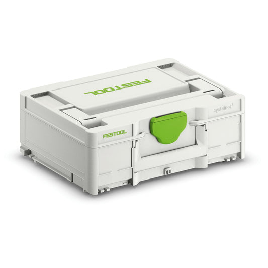 Festool Systainer³ SYS3 M 137 Transportbox mit T-LOC Verschluss und grünem Tragegriff, geschlossen.